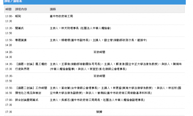 臺中市政府勞工局108年度勞動人權論壇開放報名囉，歡迎踴躍報名參加。